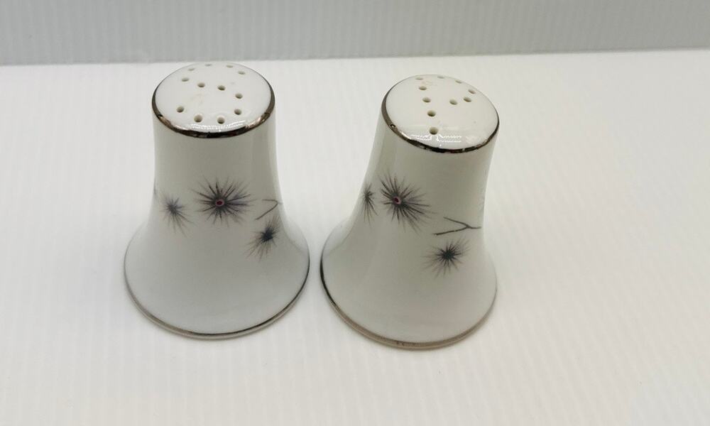 Vtg Creative Fine China Platinum Starburst Salt & Pepper Shakers Japan MCM